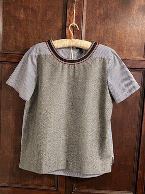 J CREW BLOUSE MIXED MEDIA WOOL PANEL WITH STRETCH  COTTON BACK & SLEEVES